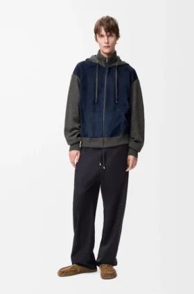 Hybrid-hoodie med dragkedja i getskinn och ullblandning