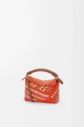 Mini Puzzle Edge-väska i raffia och kalvskinn