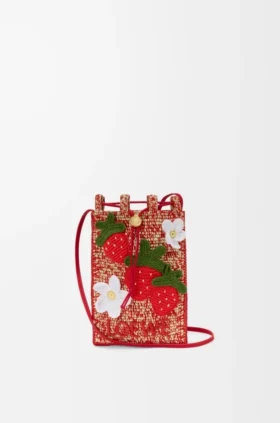 Strawberry-påse med dragsko i klassiskt kalvskinn och raffia